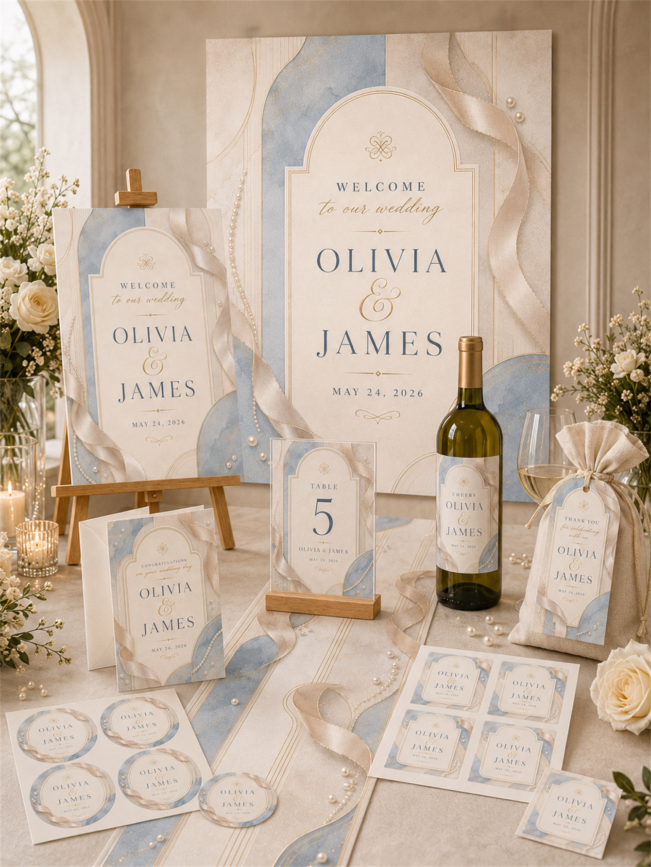 Elegant gray-blue and champagne gold wedding decorations - romantic and elegant wedding - arched frame design with ribbons and pearls as embellishments - custom name and date
